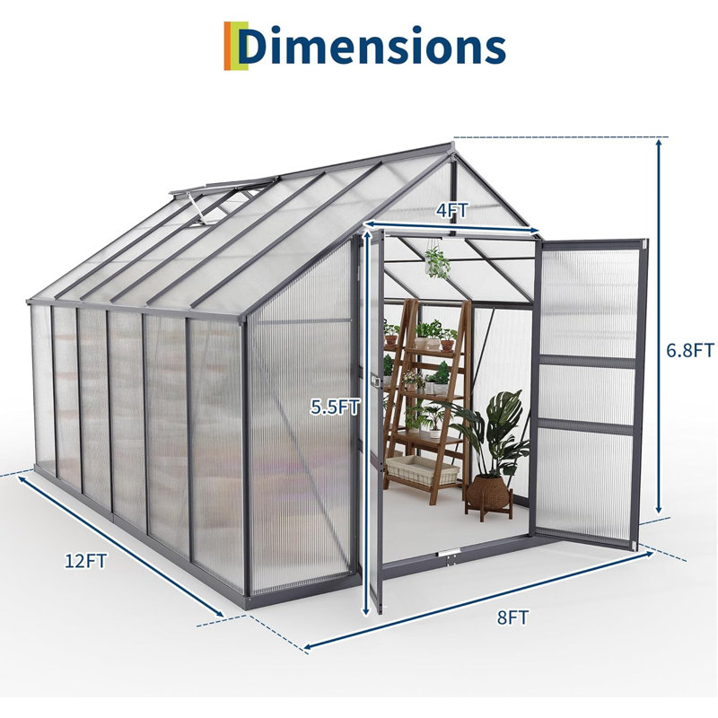 8x12 Greenhouses for Outdoors, Polycarbonate Walk-in Green House with UV Protection, Heavy Duty Greenhouse with Windproof Aluminum Frame, Roof Vent & Quick-Install Design for Backyard or Garden Use