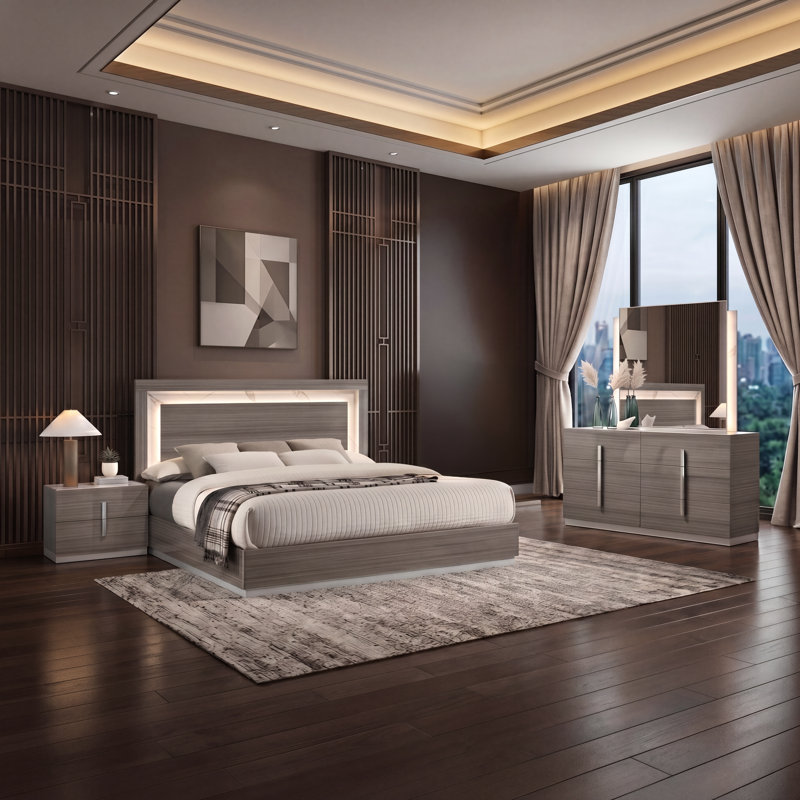 Ensemble de chambre avec très grand lit 4 pièces Hutcheson, 4 Pcs: Bed, Nightstand, Dresser, Mirror, King