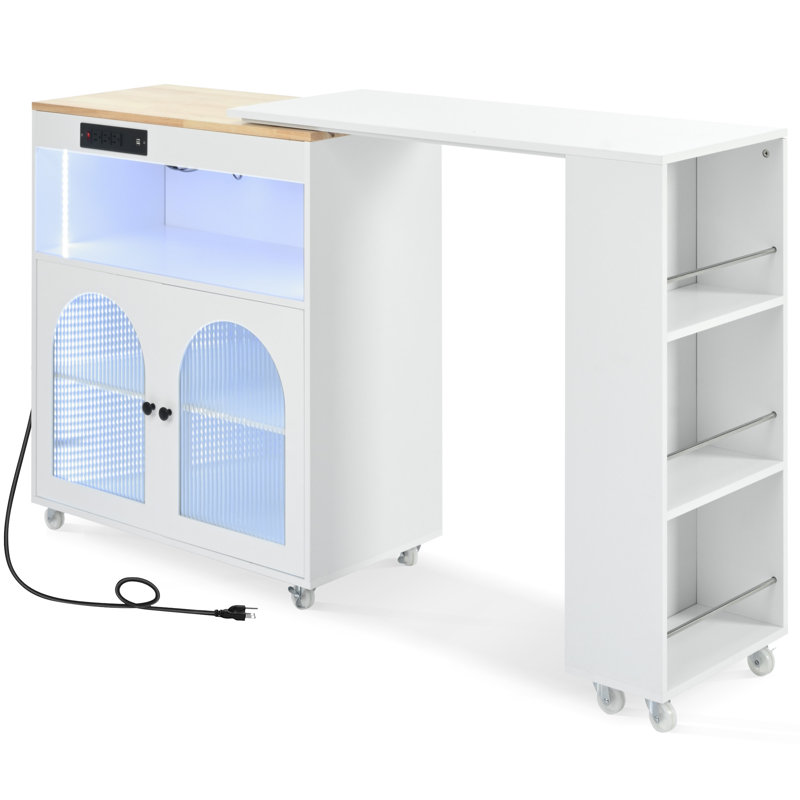 Rolling Kitchen Island With Extended Table, Kitchen island on Wheels with LED Lights,Power Outlets and 2 Fluted Glass Doors, Kitchen Island with a Storage Compartment and Side 3 Open Shelves,White