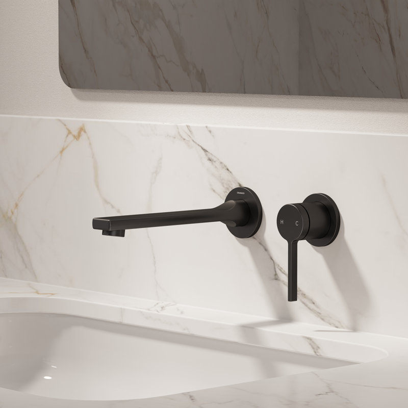 Wall-Mount Bathroom Sink Faucet with Pop-Up Drain, Single-Handle Modern Faucet 1.0 GPM in Matte Black, Matte Black