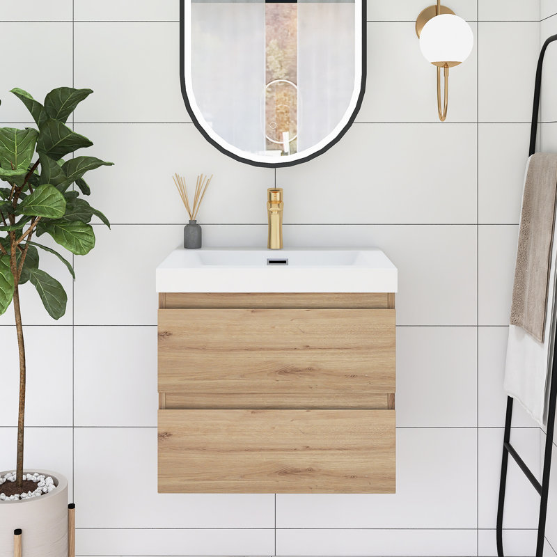 Aikin 24'' Single Sink Wall Mounted Bathroom Vanity with Cultured Marble Top, Oak