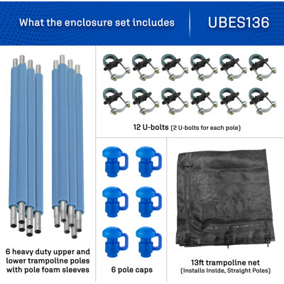 Plexalife Trampoline Safety Enclosure Set including Trampoline Net, 6 Trampoline Poles (with 6 pole caps) Trampoline Pole Foam Sleeves - Fits 13ft Round Trampoline Frame - Installs Inside the Frame