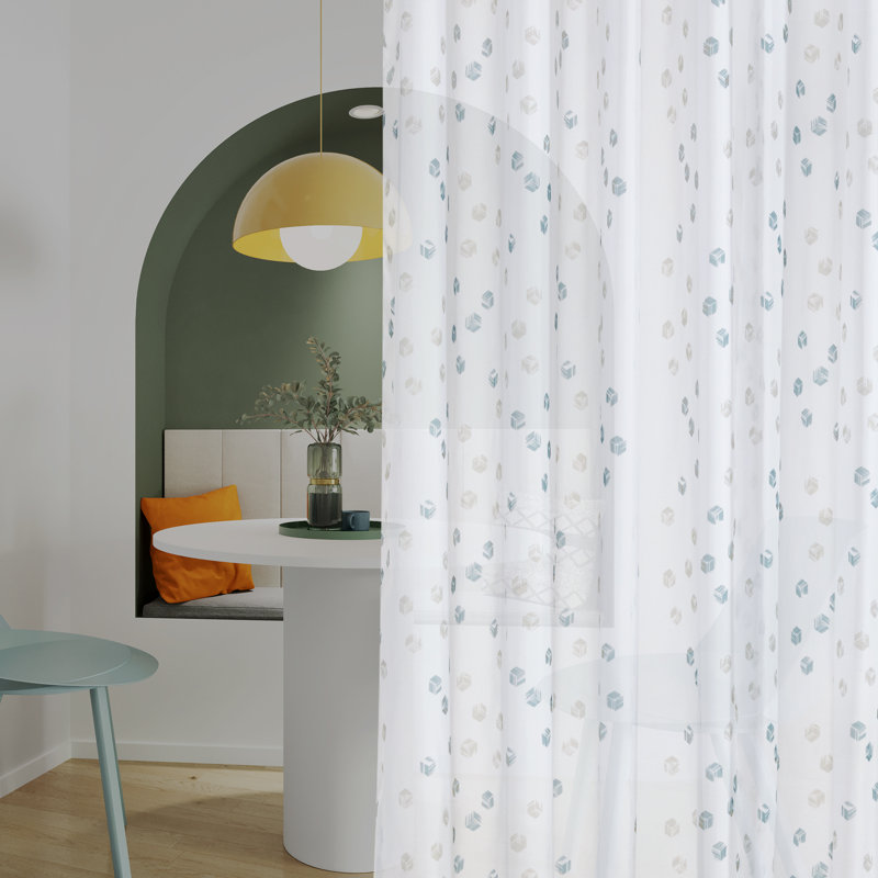 Designer Series Eco-Friendly Grommet Sheer Curtains with Cube Print Pattern (Set of 2), 52" W x 84" L, White