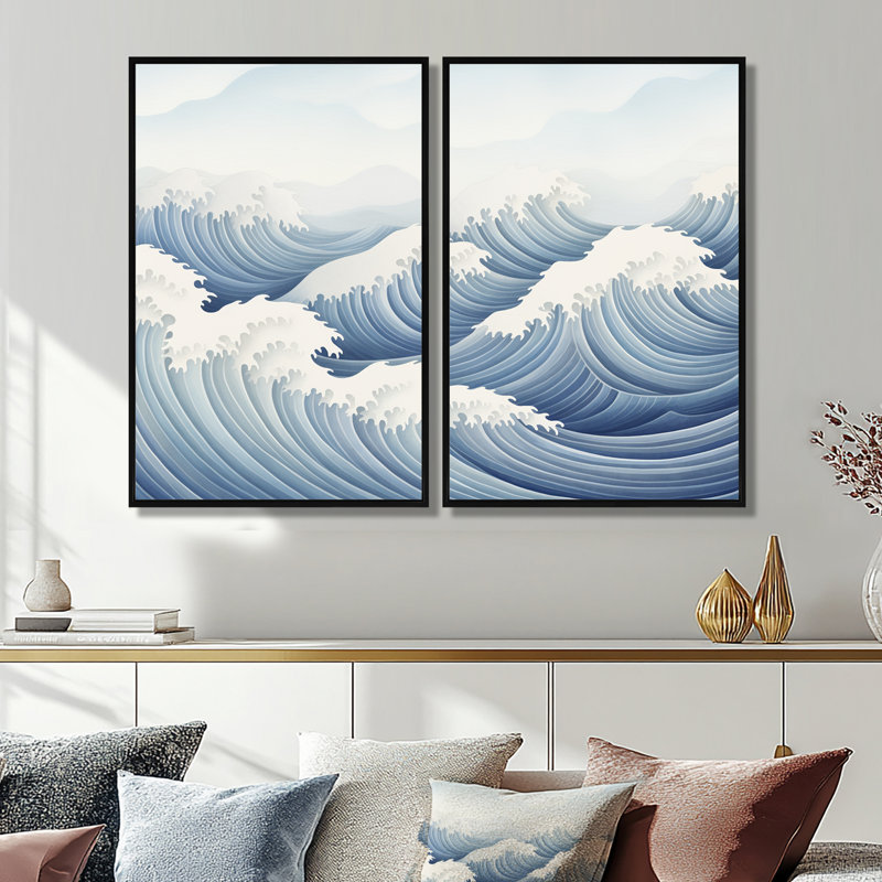 Harmonious Blue Waves Tides - Art mural moderne bleu, Black, 36" H x 48" W, Impression encadrée flottante