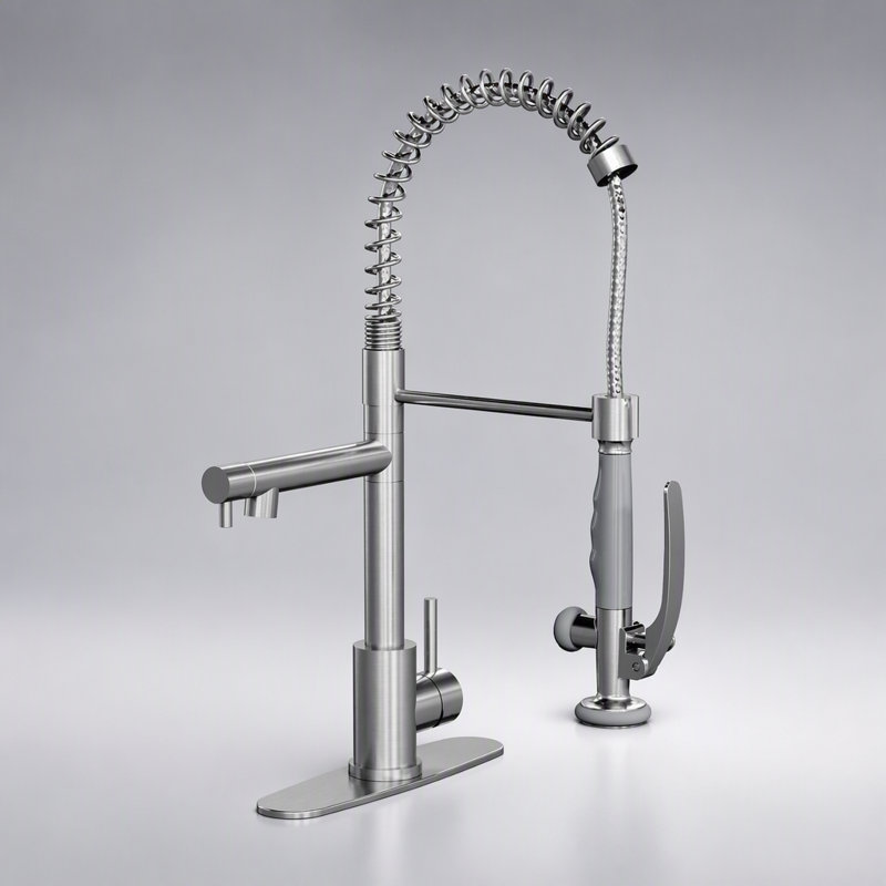 Robinet de cuisine professionnel à poignée unique avec douchette extractible en nickel brossé et robinet de remplissage pour casseroles, conception robuste pour les cuisines modernes