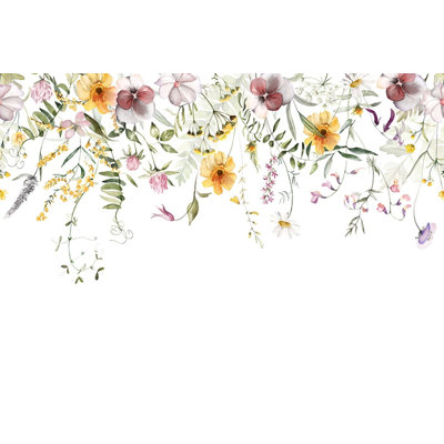 Hanging Watercolor Wildflower Wallpaper with Yellow Blooms on White Background for Home Decor