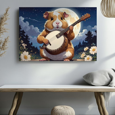 Guinea Pig Moonlight Serenade Canvaswhimsical Animal Art With Banjo Canvas Wall Art Ready To Hang Gallery Wrapped Home Decor Modern Design