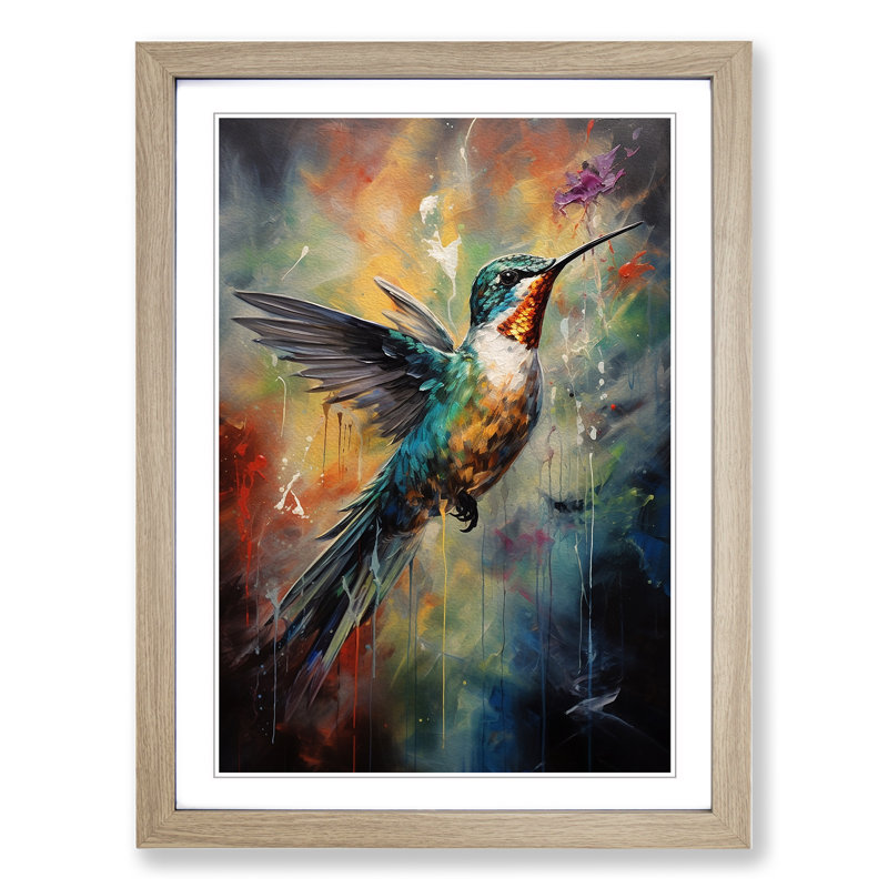Hummingbird Gestural No.2 - Single Picture Frame Print on Wood, 46cm H x 34cm W x 2cm D, Oak