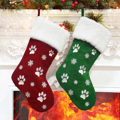 Chaussette de Noël pour animaux de compagnie avec manchette en molleton pelucheux, empreinte de patte brodée et chaussette de Noël suspendue pour chien chat, manteau de cheminée de Noël, rouge et vert