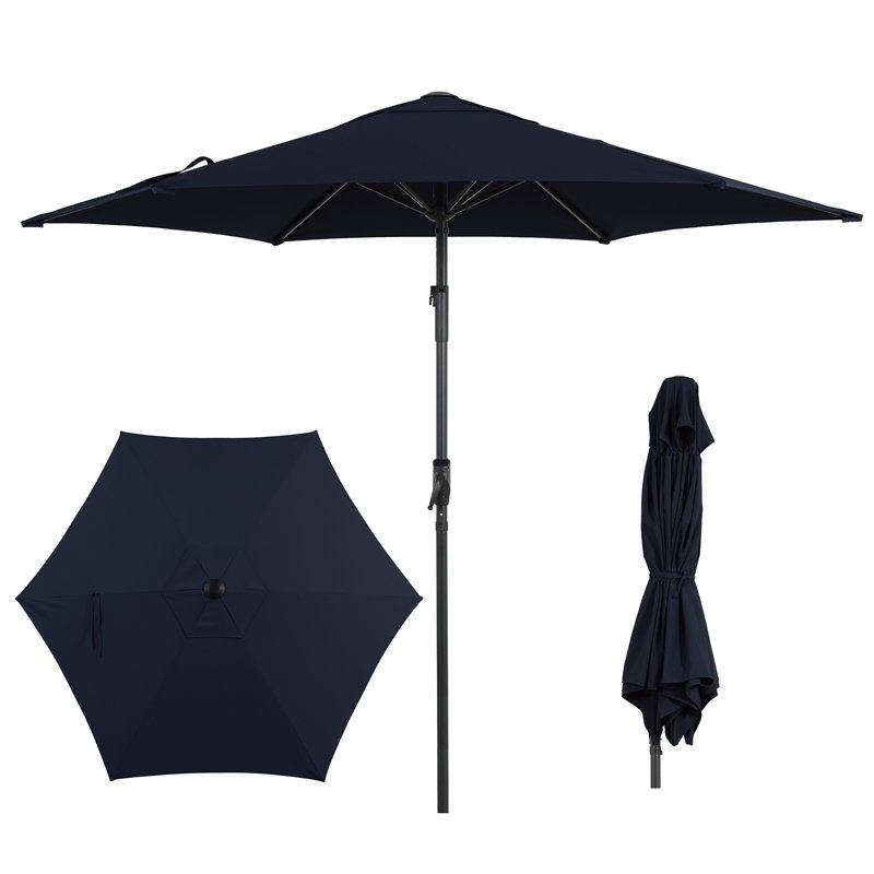 Parasol de patio 9 pi avec inclinaison automatique et manivelle - résistant aux rayons UV et à l'eau, Bleu foncé
