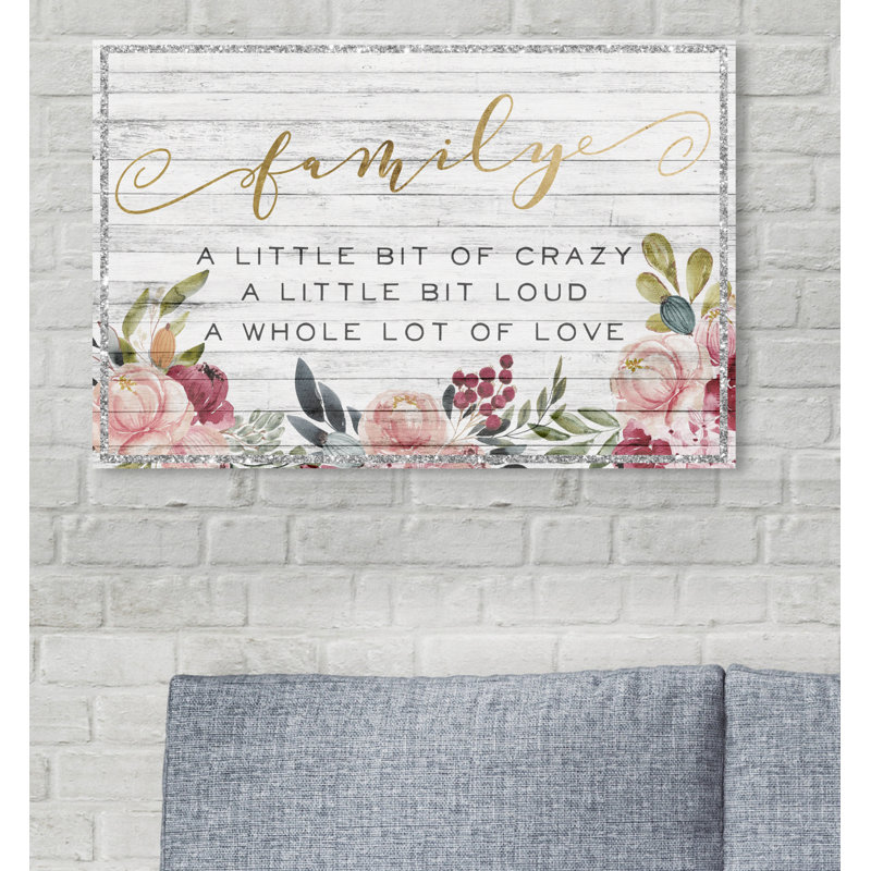 «Family Floral Love» - Art textuel, H 16 po x l 24 po x 1,5 po, Toile tendue