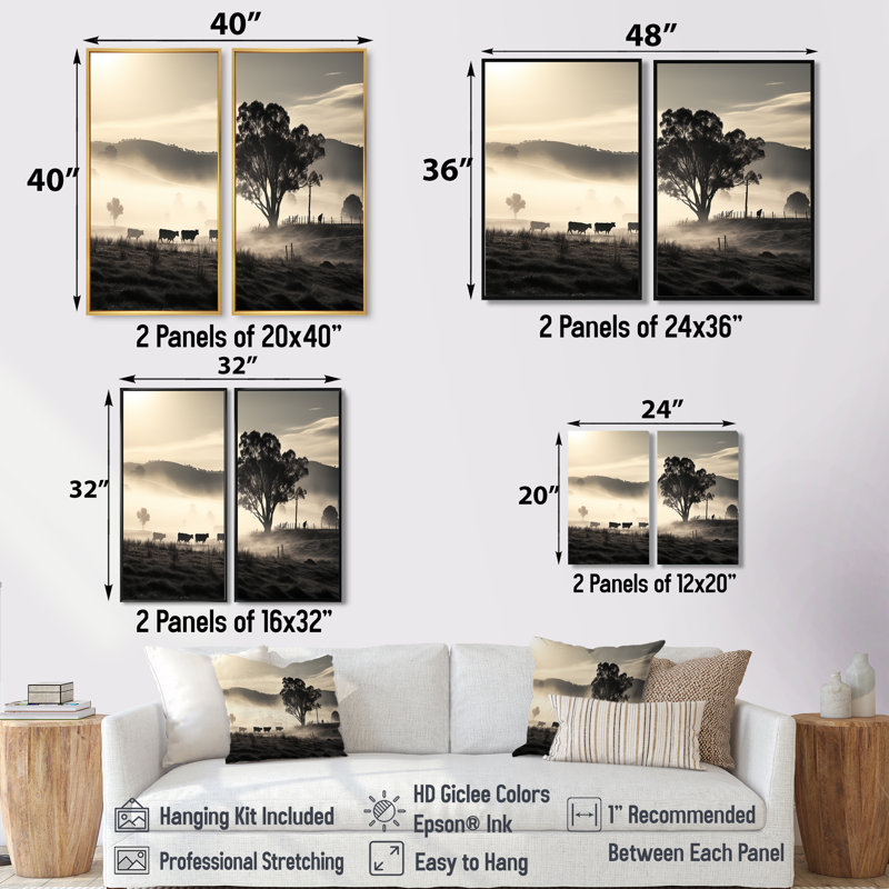 Bovin brumeux, art mural sur toile, H 20 po x l 24 po, Impression encadrée flottante, Noir