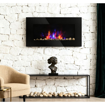 Foyer électrique mural avec fond 7 couleurs et flamme, puissance calorifique 725W / 1450W, verre en métal, couvre 161 400 pieds carrés Ft, arrêt automatique des couleurs de flamme réglables, réglages, pour économiser de l'espace, Ft