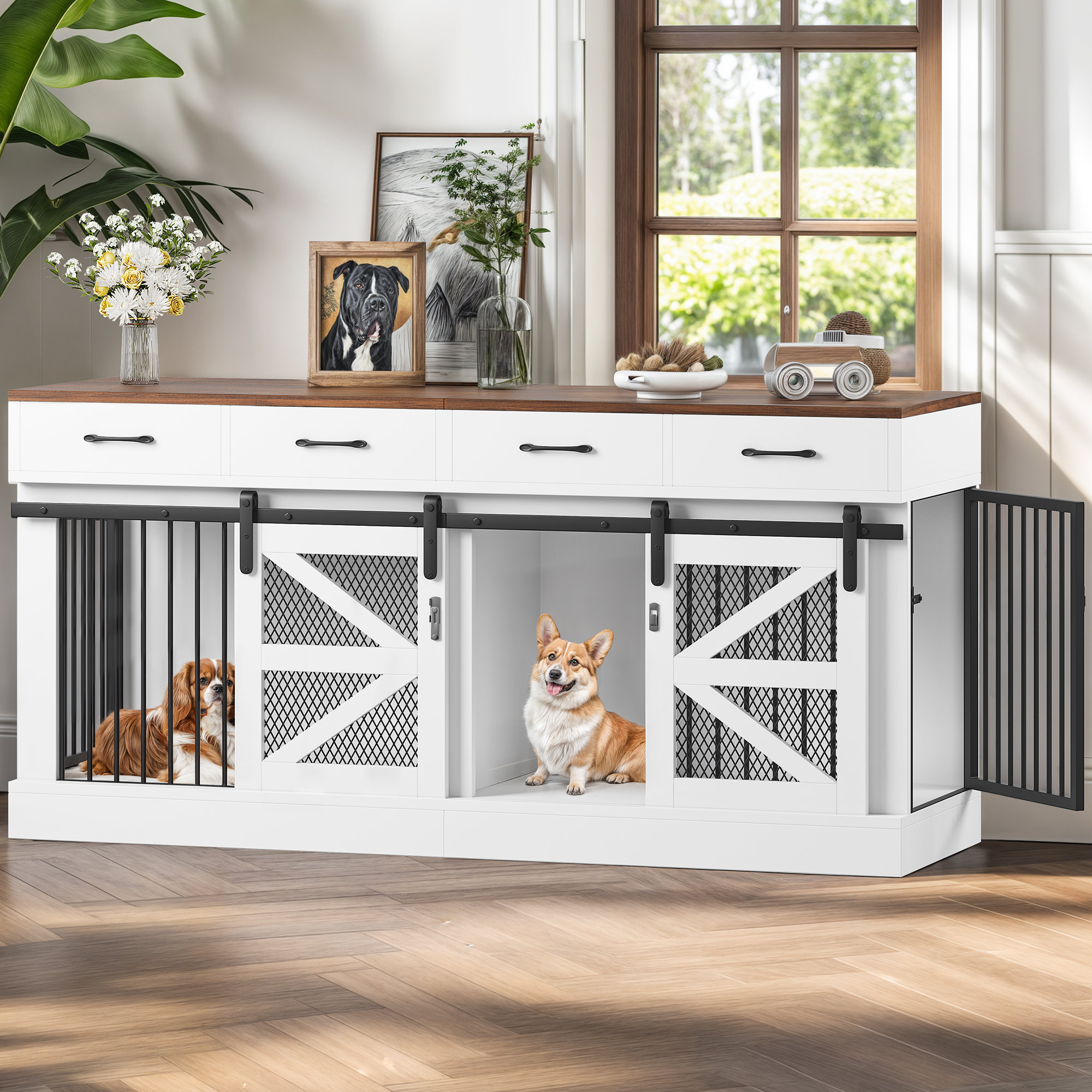 Tucker Murphy Pet™ Dog Crate Furniture with Removable Divider & 4 Storage Drawers - 71" Large Wooden Dog Kennel Indoor End Table for 2 Dogs, Multi-Functional Dog Cage Furniture for Medium & Large Dogs & Reviews | Wayfair