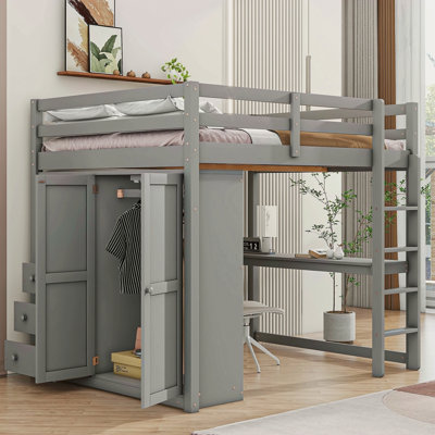 Lit mezzanine double en bois avec garde-robe intégrée, bureau, tablettes de rangement et tiroirs