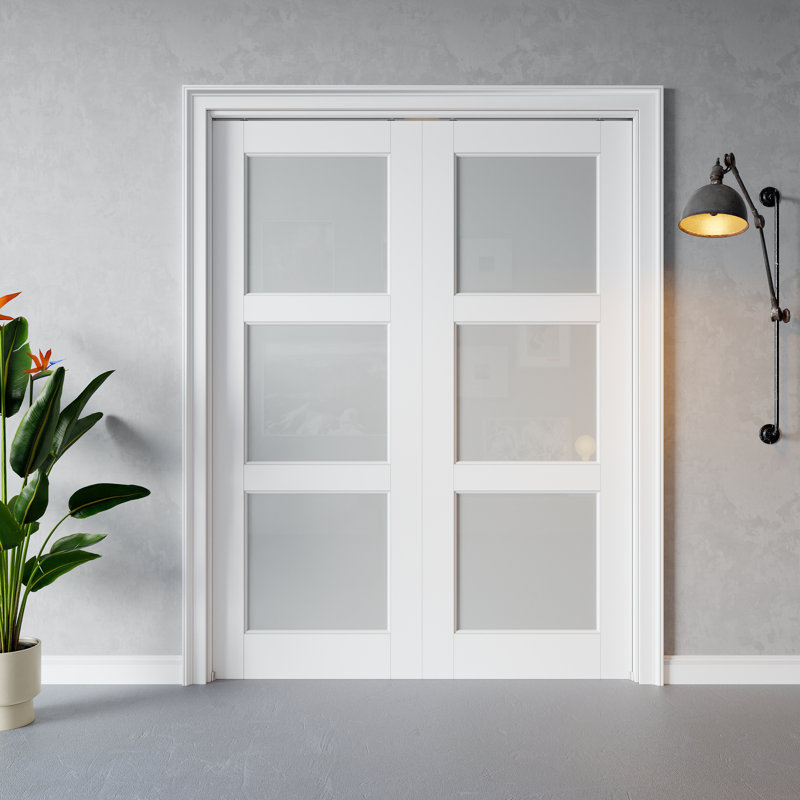 Porte intérieure coulissante à trois vantaux en verre dépoli, MDF CARB P2 et verre trempé SGCC, avec cadre renforcé et quincaillerie incluse, pour chambre à coucher, préfinie et imperméable, idéale pour garde-manger, chambre, salle de bain et garde-robe, teinture facile à appliquer soi-même, 162,5 cm x 203,2 cm