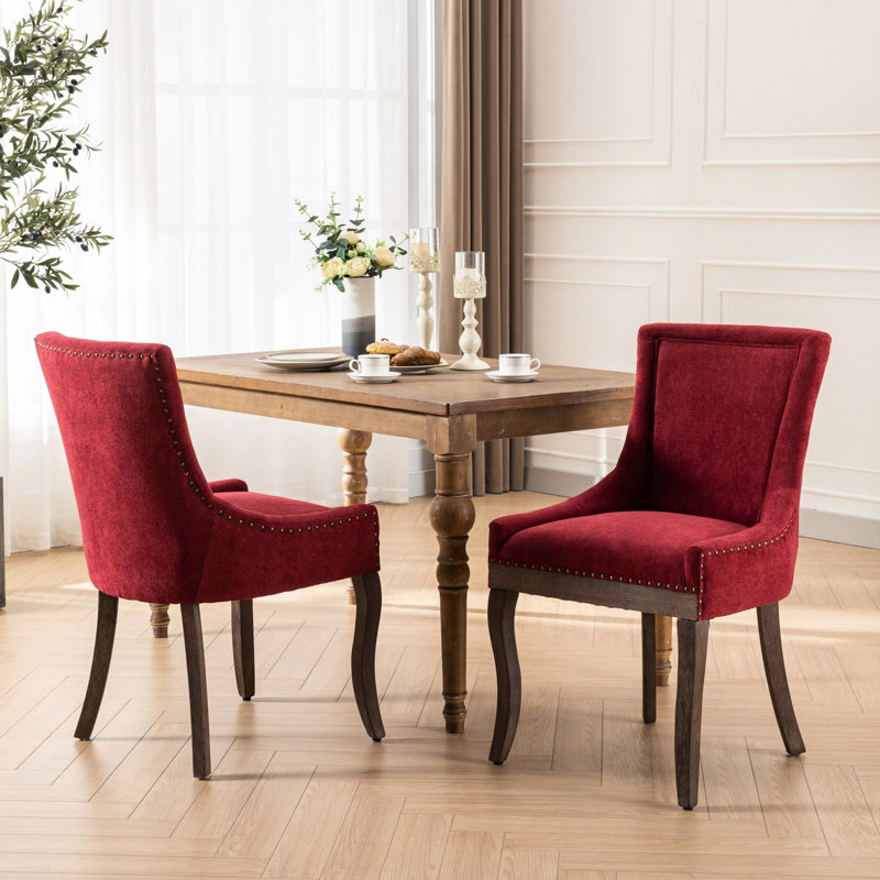 2 chaises de salle à manger, revêtement en tissu épaissi, structure en bois massif, bordure bronze, bourgogne, dossier haut, coussin de siège en mousse, côté américain ultra style 2, pieds épais, rouge vin,