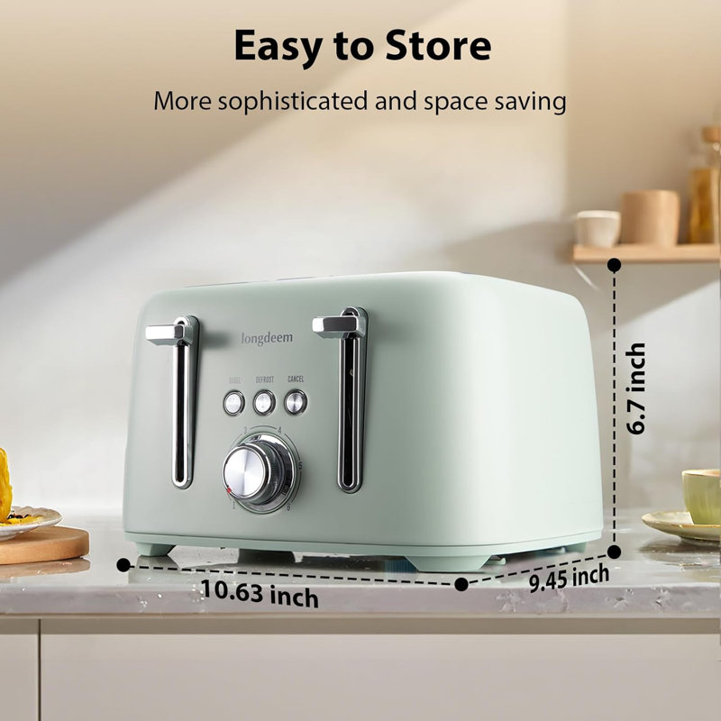Longdeem 4-slice Toaster 1.5" Extra Wide Slot Stainless Steel With High Lift Lever, 6 Presets & Bagel/defrost/cancel Function, Removal Crumb Tray, Under Base Cord Storage, Green