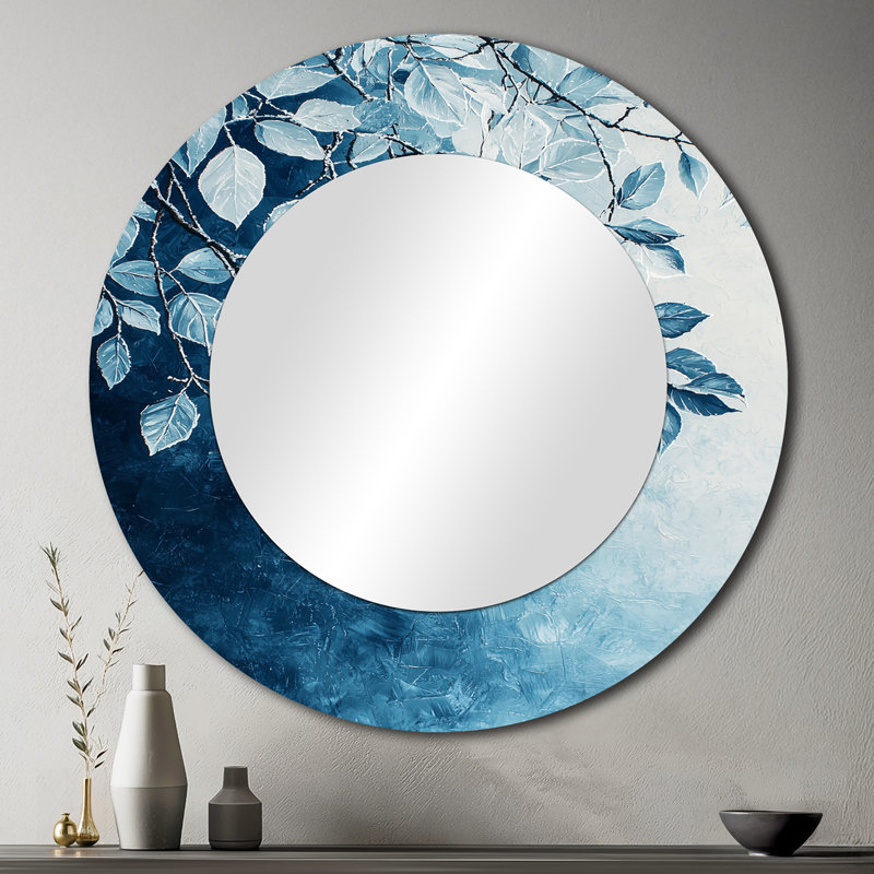 «White Frosted Leaves Branches I» - Miroir floral pour décoration murale - imprimé sur métal, 36 po x 36 po