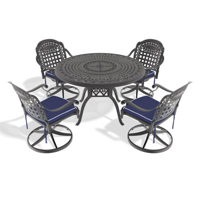 Ensemble de salle à manger 5 pièces en aluminium coulé résistant aux intempéries, comprenant 4 chaises pivotantes et une table ronde de 47,24 po avec cadre noir pour l'extérieur