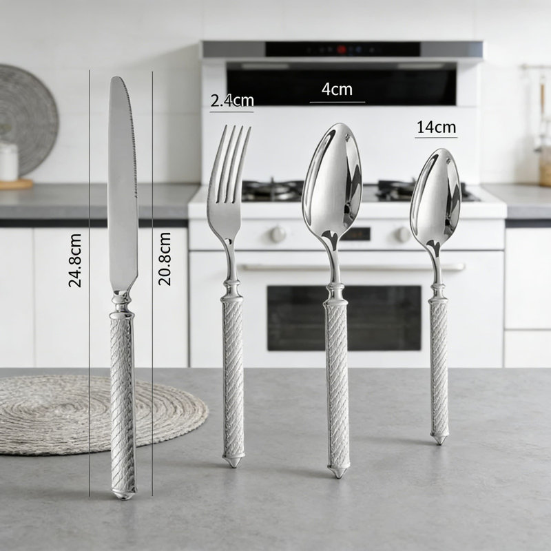Ensemble 20 pièces de coutellerie professionnelle en acier inoxydable 304 avec poignée torsadée - couteau à steak, fourchette, cuillère et fourchette à dessert pour le restaurant et la maison