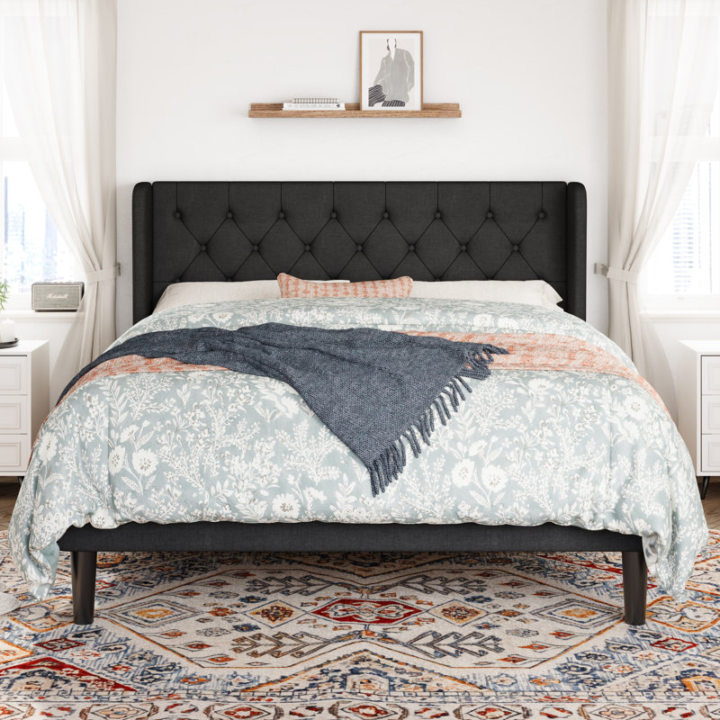 Walace Upholstered Wingback Bed, Full, Black