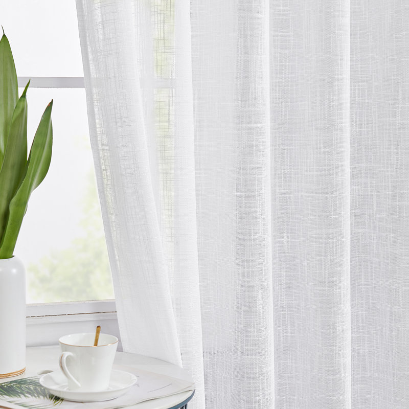 Farmhouse Sheer Curtains for Living Room Rod Pocket Panels Set, White, 52" W x 108" L
