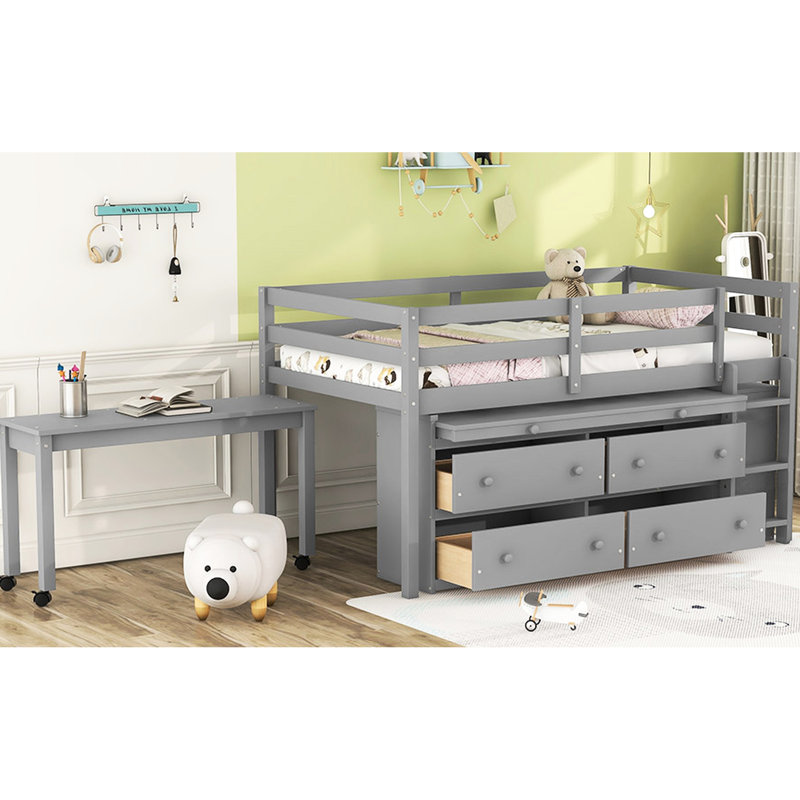 Lit mezzanine simple gris avec bureau et rangement, fabrication en bois massif pour une durabilité de rangement sur tablette latérale - Conception compacte