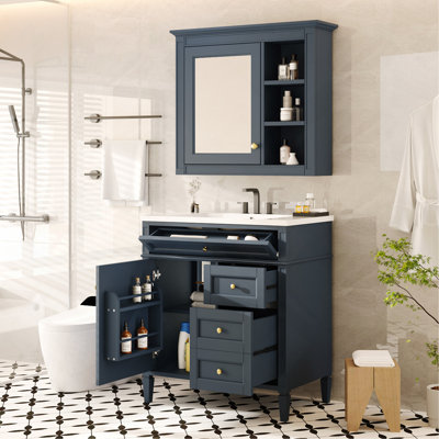 Ensemble de meuble-lavabo autoportant 30 po avec lavabo supérieur, meuble-lavabo moderne avec 2 tiroirs et tiroir basculant, meuble-lavabo autoportant avec miroir et meuble-lavabo simple