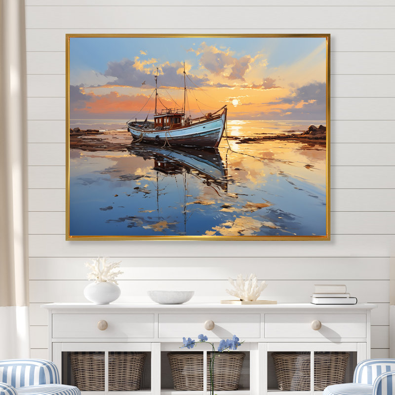 Lever du soleil sur le bateau au bord du lac - Bateau côtier, art mural, Cadre flottant doré, H 12 po x l 20 po x P 1 po