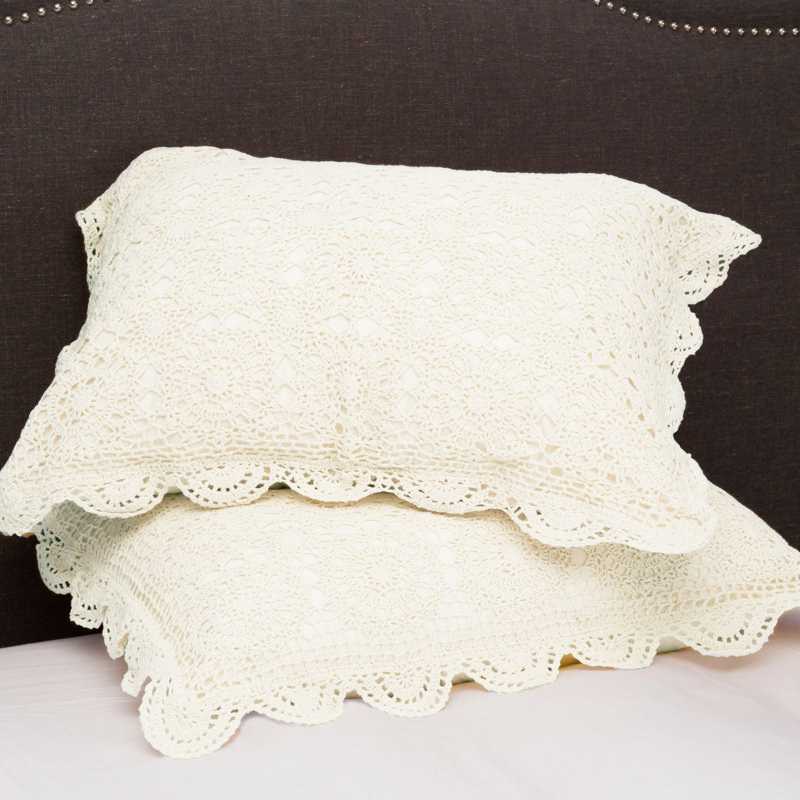 Handmade Cotton Crochet Sham and Pillowcases, Ivory, Queen