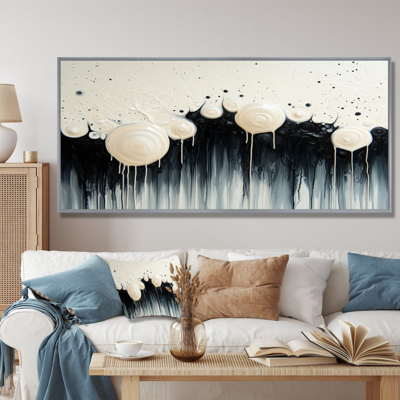 «Black White Wave», volcanique rythmique, art mural, H 28 po x l 60 po, Floater Framed, Argent argent