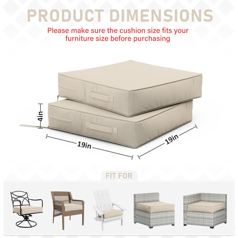 Coussins de siège d'extérieur (ensemble de 2), L 19 po x P 19 po, 4 pouces, Crème, crème