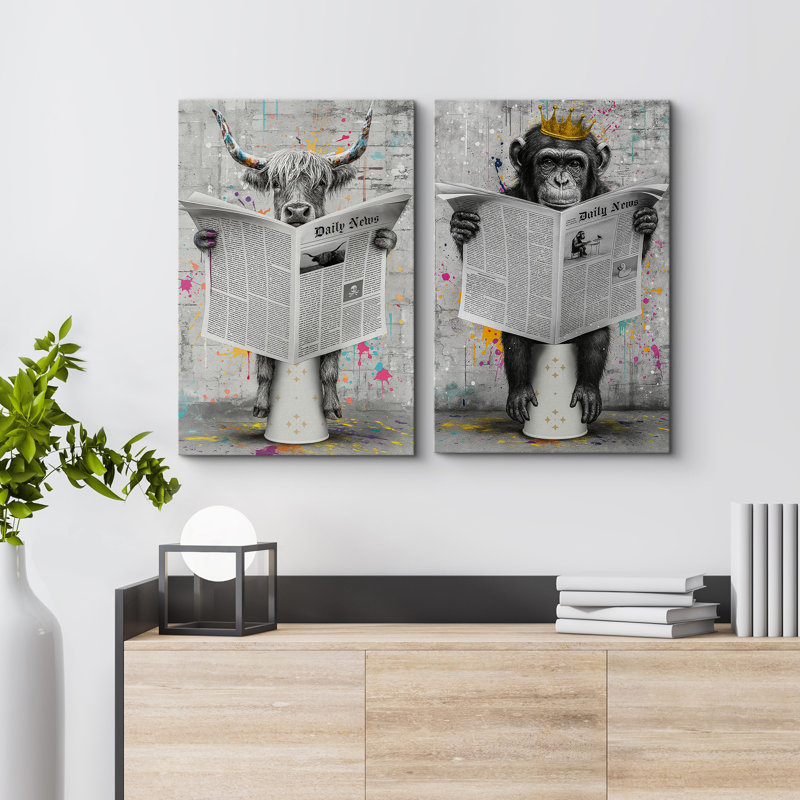 Reproduction d'art journal sur toile, impression de vaches et de singes des montagnes des Graffiti pour une salle de bain moderne urbaine ou un loft