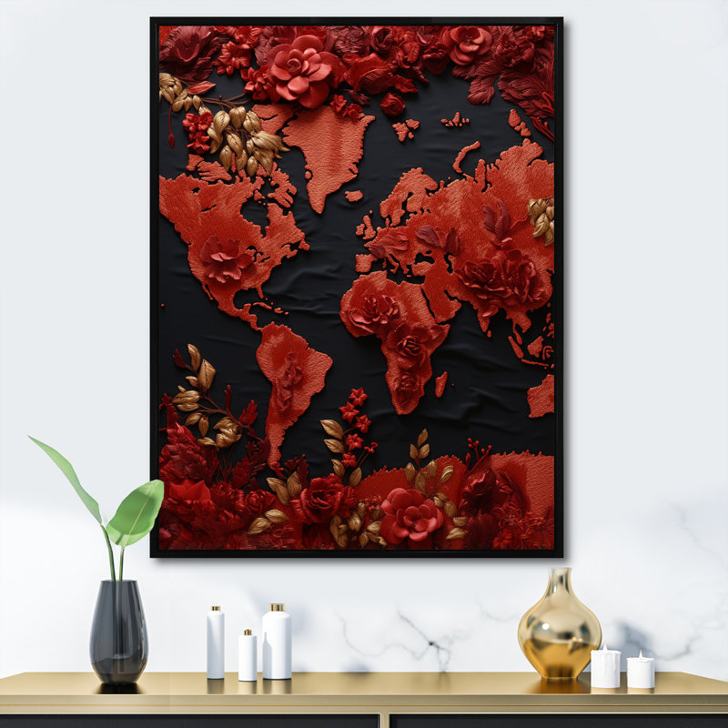«Nomads Scarlet Red Map» sur toile, Cadre flottant noir, H 32 po x l 16 po x P 1 po