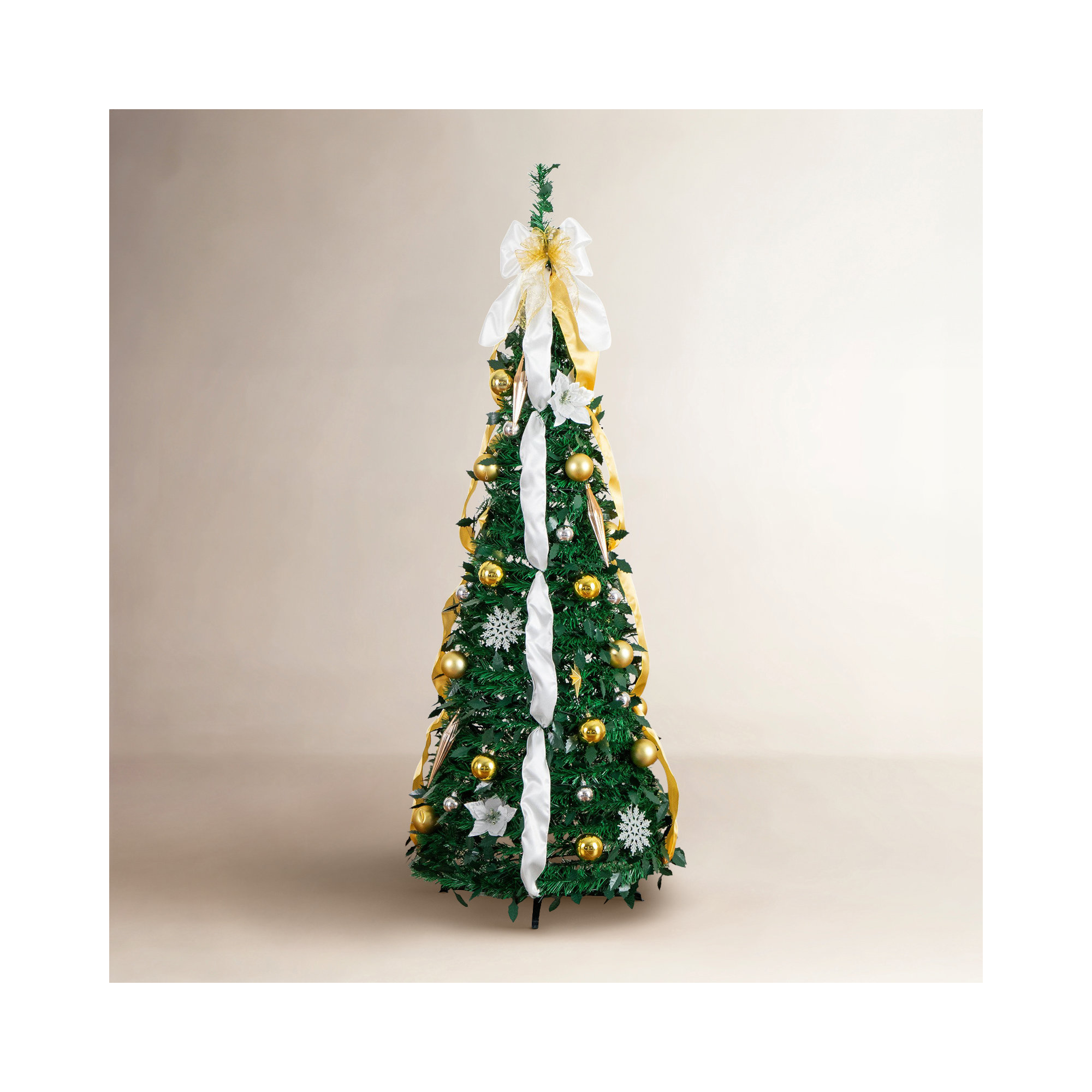 5Ft. Pre-Lit Artificial Pop Up Christmas Tree With Gold & Silver Ornaments, Ribbons And 100 Warm White LED Lights