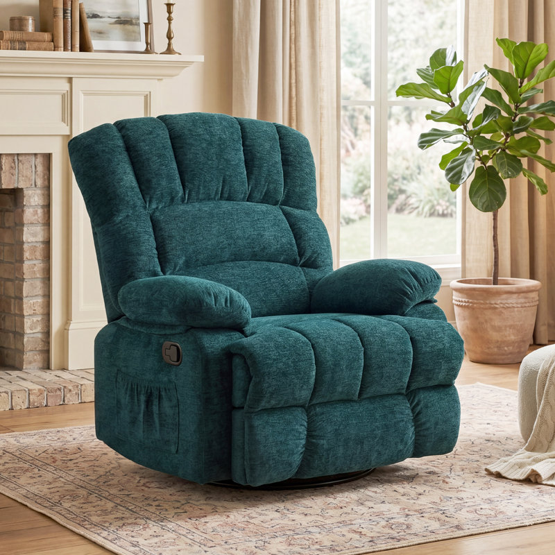 Fauteuil inclinable berçant et pivotant manuel de 39,7 po Breasha, Chenille bleu sarcelle