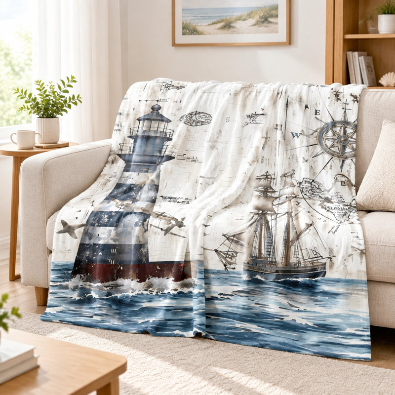 Plaid en flanelle à motif de phare et de carte marine - Léger, respirant, confortable en toutes saisons, doux pour la peau, lavable à la machine, décoratif, pour canapé, fauteuil, salon et chambre