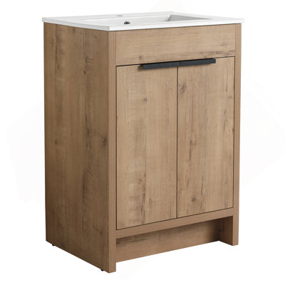 Meuble-lavabo autoportant avec lavabo en céramique blanche et 2 portes d'armoire à fermeture en douceur