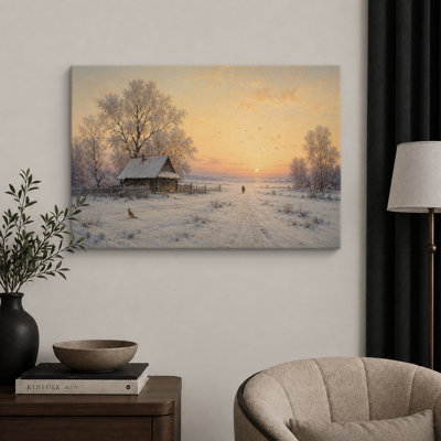Winter Sunset Cabin Landscape Artwork, Bedroom Pictures, Framed Canvas Giclee Print Wall Art