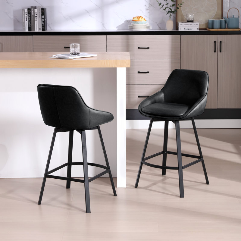 Black Faux Leather Swivel Counter Stools with Steel Legs, Set of 2