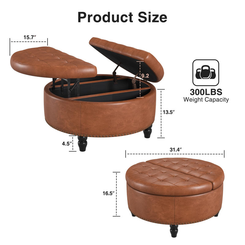 Repose-pieds rond avec rangement et plateau relevable, Brun