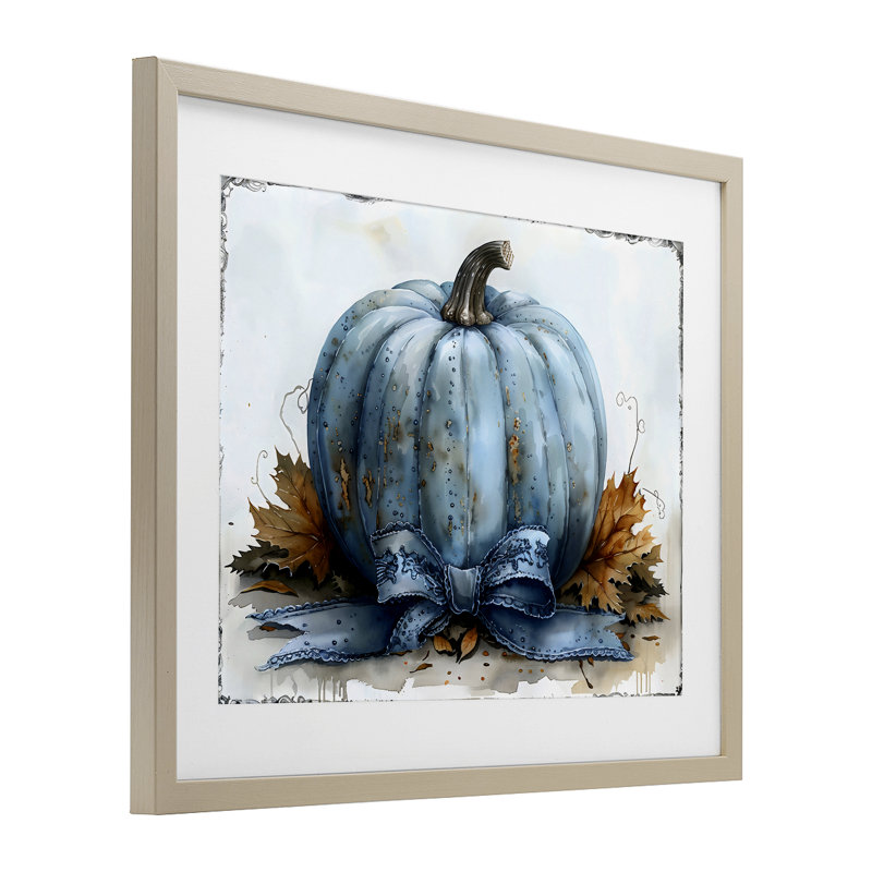 «Blue Pumpkin with Bow», reproduction encadrée sous verre, design by Creative Studio, Cadre de récolte en pin