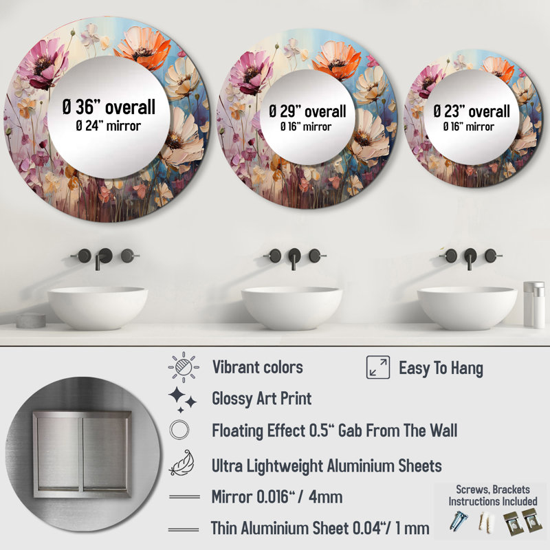 Sharalynn Meadow Impressionistic Blooms - Meadow Unique Wall Mirror Decor, Traditional Large Round Mirror, Printed Metal Art