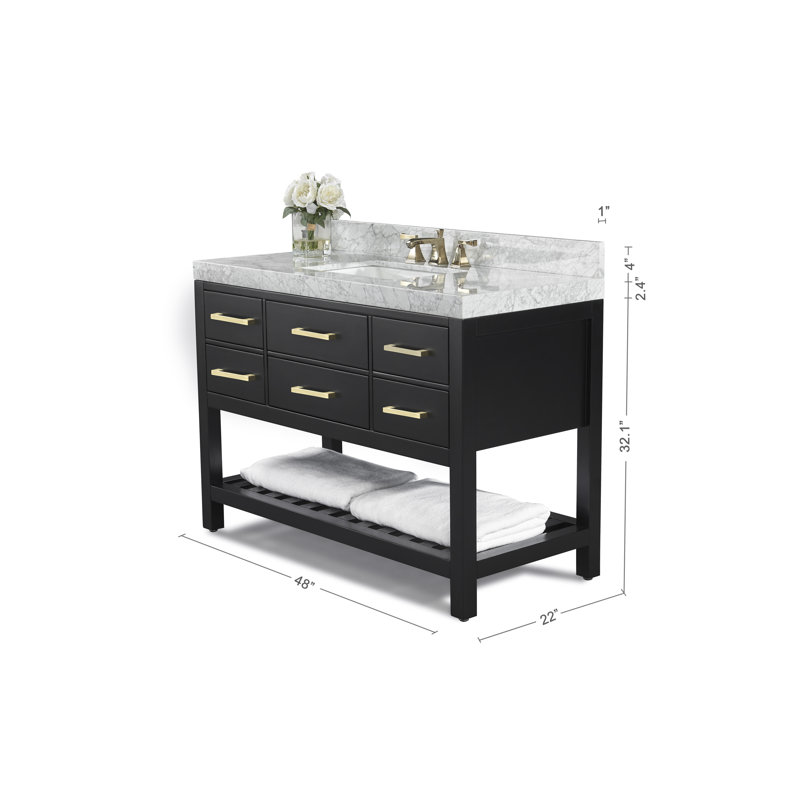 Elizabeth 48'' W Single Vanity, Black Onyx/Brushed Gold, Carrara White Marble