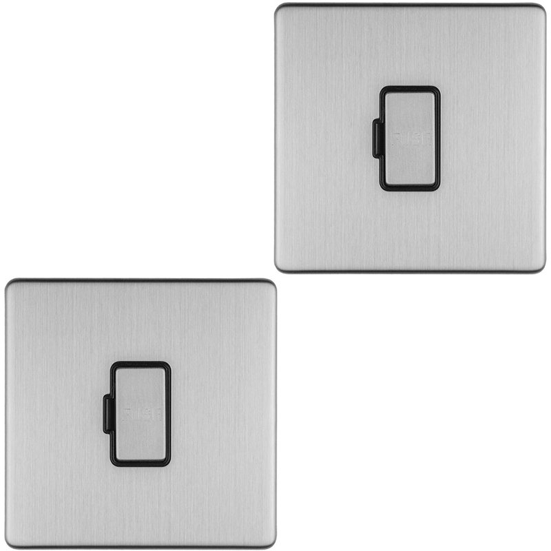 2 PACK 1 Gang 13A Unswitched Fuse Spur SCREWLESS BLACK NICKEL Mains Isolation, Silver, Satin