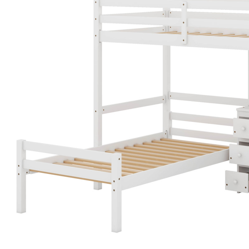 Lit mezzanine simple avec lit autonome, escalier de rangement, bureau, tablettes et tiroirs, Blanc
