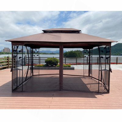 13x10 Outdoor Patio Gazebo Canopy Tent With Ventilated Double Roof And Mosquito net(Detachable Mesh Screen On All Sides),Suitable for Lawn, Garden, Backyard and Deck,Brown Top