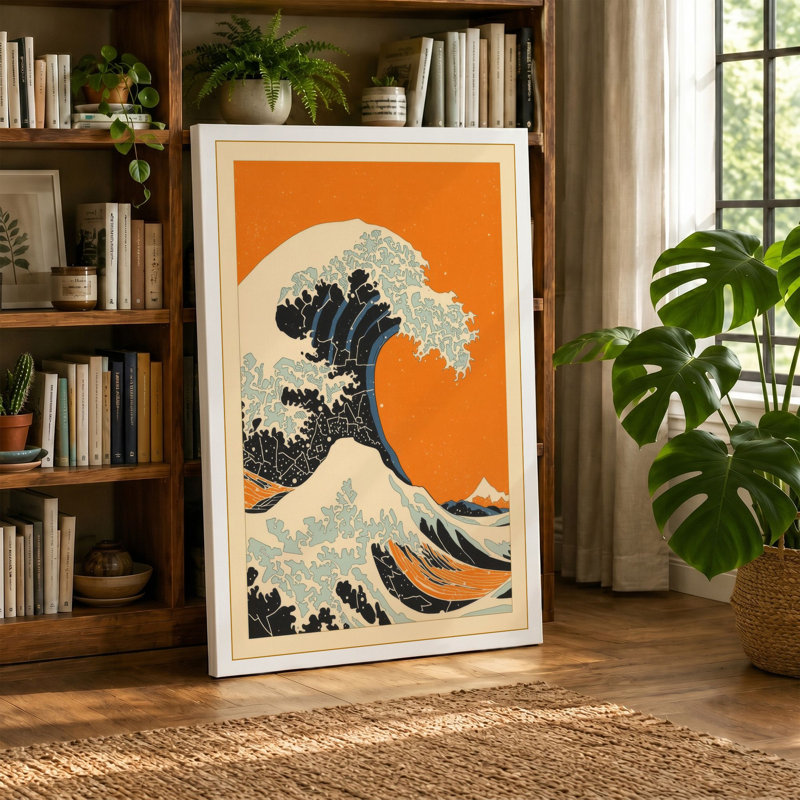 The Great Wave Japandi - Wrapped Canvas, 36x24 - 91.4 x 61.0 cm, Taupe Border