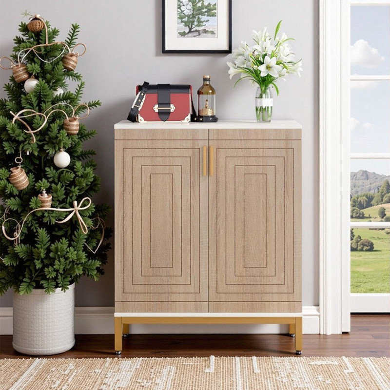 Geometric Shoe Cabinet Entryway Storage With 5 Adjustable Tiers, White+Natural